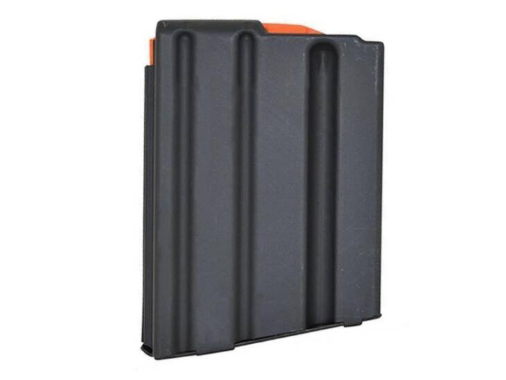 Durable black polymer magazine with grip grooves and smooth feeding design for reliable firearm use.