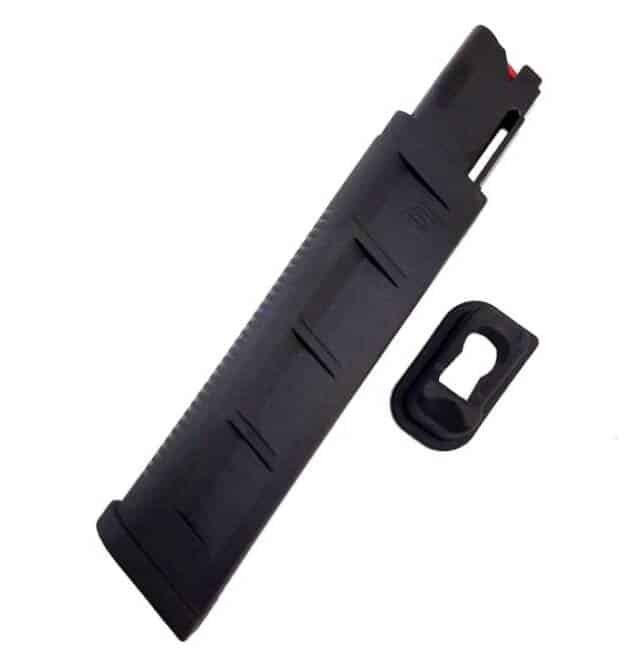 Durable black firearm magazine with ergonomic base plate for reliable performance and optimal feeding.