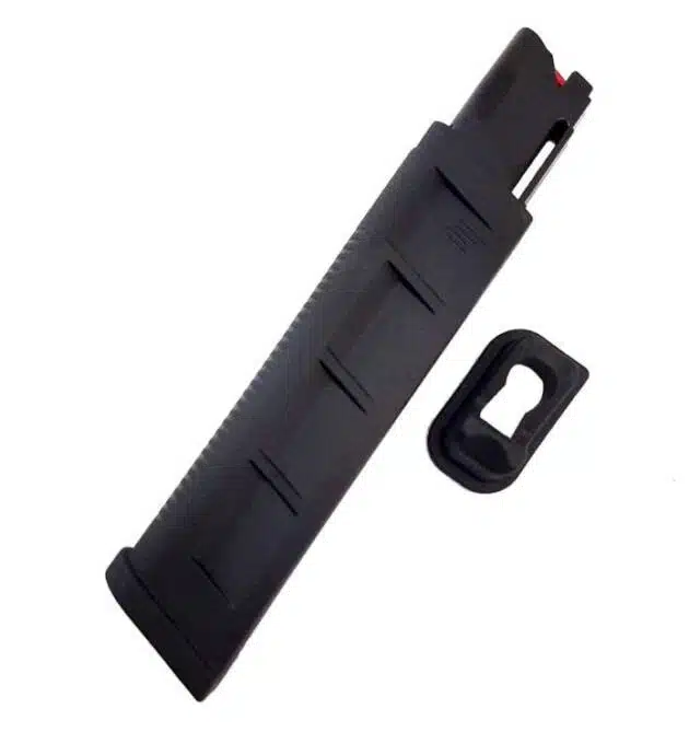 Durable black firearm magazine with ergonomic base plate for reliable performance and optimal feeding.