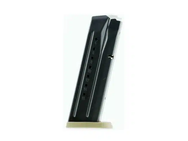 Sleek black handgun magazine with ammo window, designed for reliable semi-automatic firearm performance.