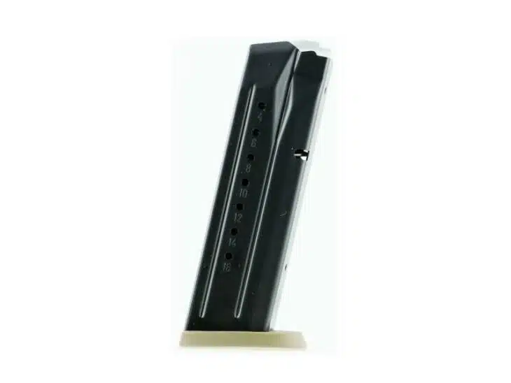 Sleek black handgun magazine with ammo window, designed for reliable semi-automatic firearm performance.