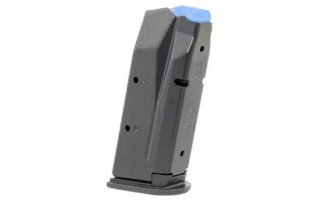Durable black handgun magazine with blue follower and witness holes for efficient ammunition tracking.