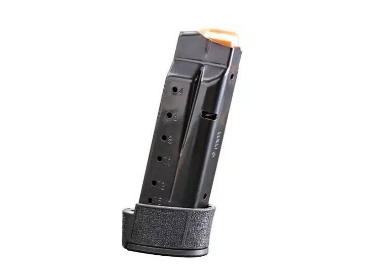 Durable semi-automatic pistol magazine with textured grip and witness holes for easy ammo visibility.