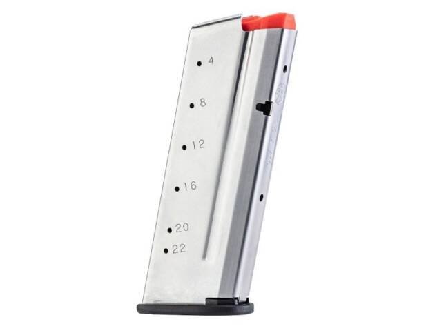 Polished steel firearm magazine with capacity markings, designed for smooth feeding and quick loading.