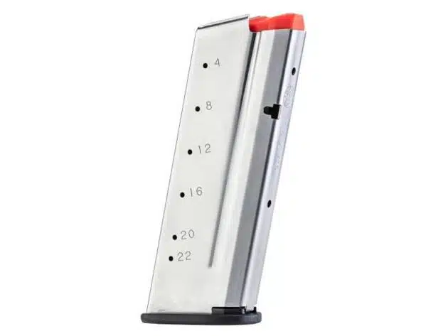 Polished steel firearm magazine with capacity markings, designed for smooth feeding and quick loading.