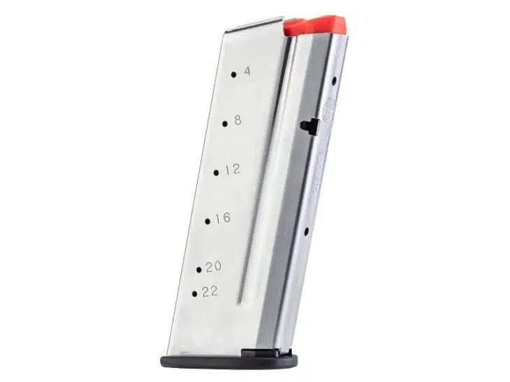 Polished steel firearm magazine with capacity markings, designed for smooth feeding and quick loading.