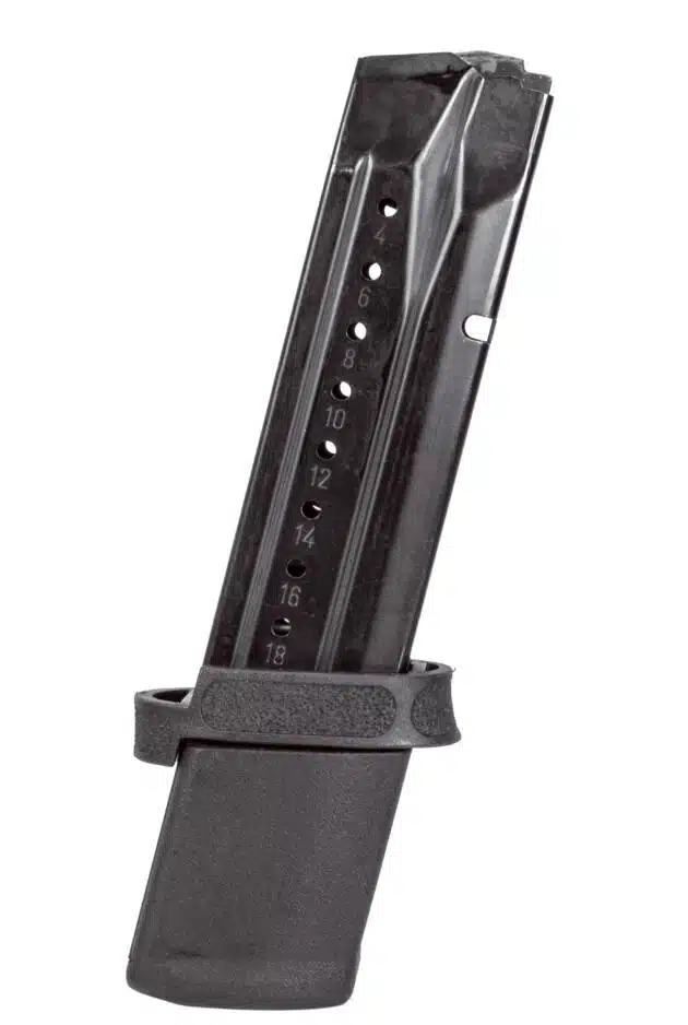 Reliable metal firearm magazine with visible round indicators for quick ammunition management.