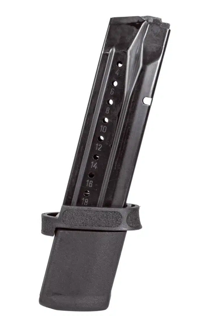 Reliable metal firearm magazine with visible round indicators for quick ammunition management.