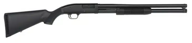 Sleek matte black tactical shotgun with ergonomic design and accessory rail for versatile performance.