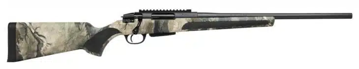 Sleek bolt-action rifle with camouflage stock and versatile rail for precision hunting and shooting.