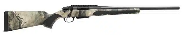 Sleek camouflage bolt-action rifle for precision shooting, featuring a long barrel and adaptable optics rail.