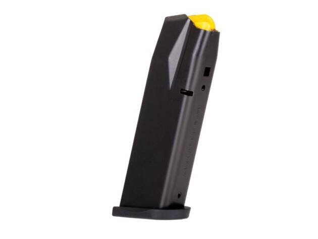 Sleek black firearm magazine with yellow follower, designed for reliability and precision. Model 3580021009023.