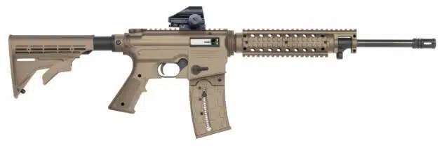 Versatile tan assault rifle with red dot sight, modular design, and collapsible stock for tactical use.