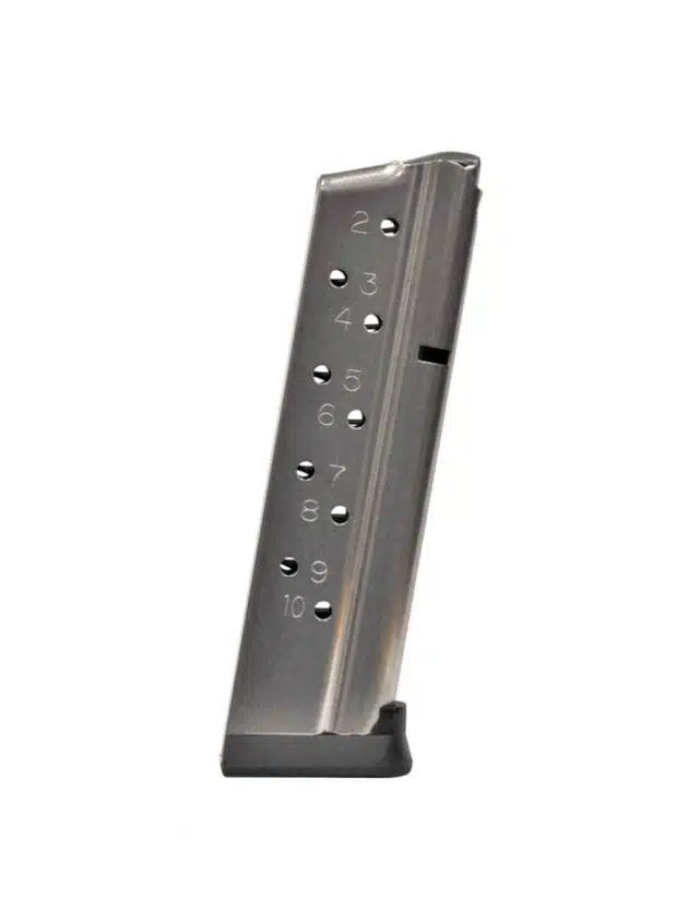 10-round semi-automatic pistol magazine with viewing windows for easy round tracking and reliable performance.