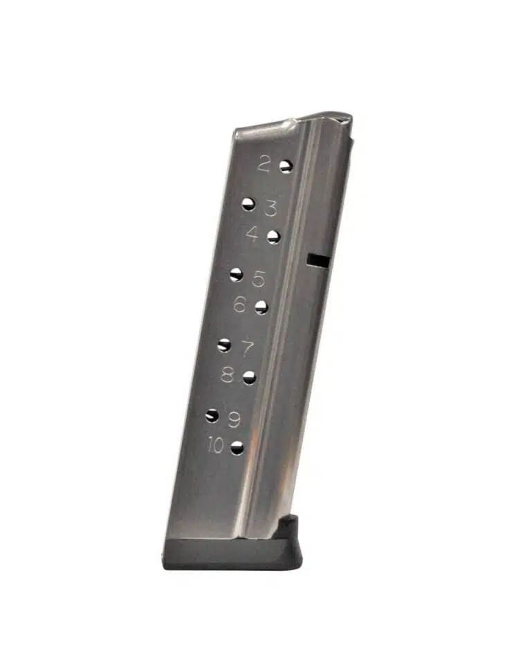 10-round semi-automatic pistol magazine with viewing windows for easy round tracking and reliable performance.
