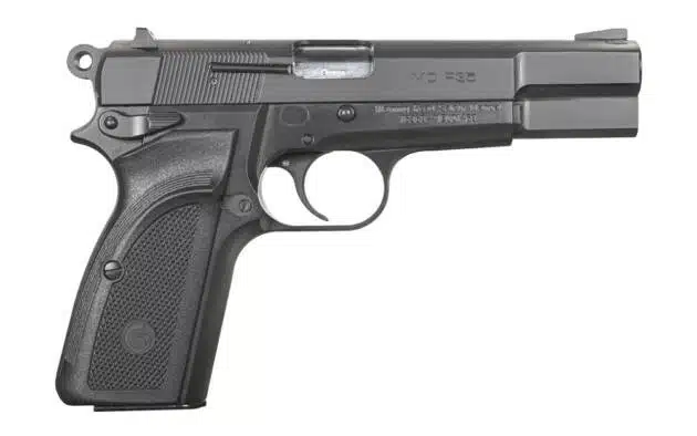 Sleek semi-automatic pistol with ergonomic grip, designed for comfort and versatile shooting performance.