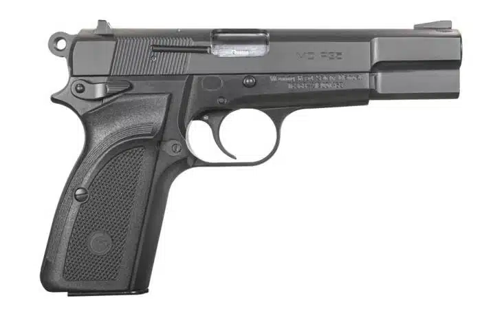Sleek semi-automatic pistol with ergonomic grip, designed for comfort and versatile shooting performance.