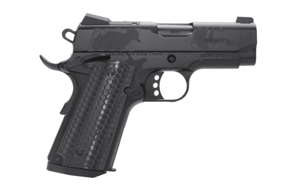 Sleek compact semi-automatic pistol with ergonomic grip, ideal for self-defense and recreational shooting.