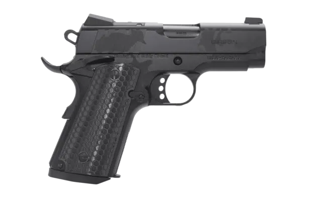 Sleek compact semi-automatic pistol with ergonomic grip, ideal for self-defense and recreational shooting.