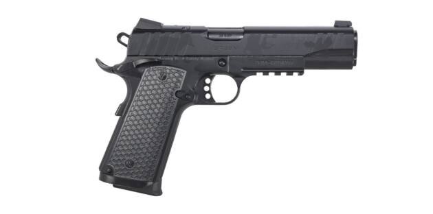 Modern matte black semi-automatic handgun with textured grip and accessory rail for versatility.