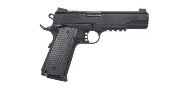 Modern matte black semi-automatic handgun with textured grip and accessory rail for versatility.