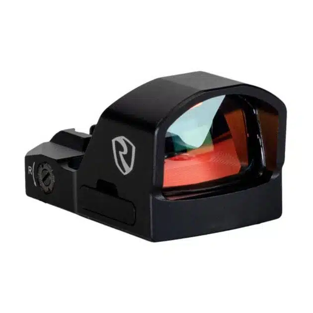 Sleek compact reflex sight with adjustable dials and enhanced reddish lens for quick targeting.