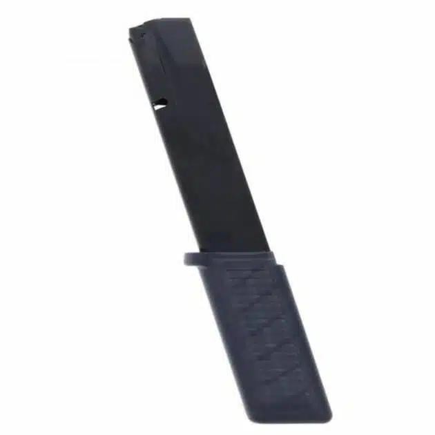 Durable high-capacity black firearm magazine for reliable performance in tactical and competitive shooting.