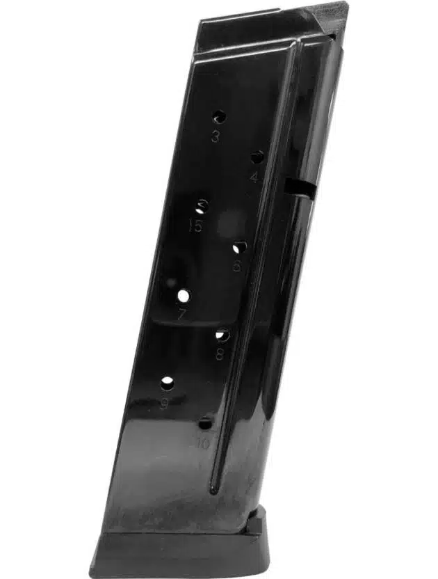 Sleek black firearm magazine with witness holes for quick round visibility and reliable performance.