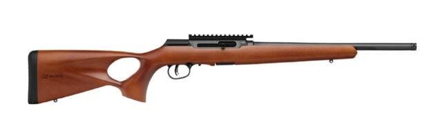 Classic wooden stock rifle featuring modern optics rail and comfortable recoil pad.