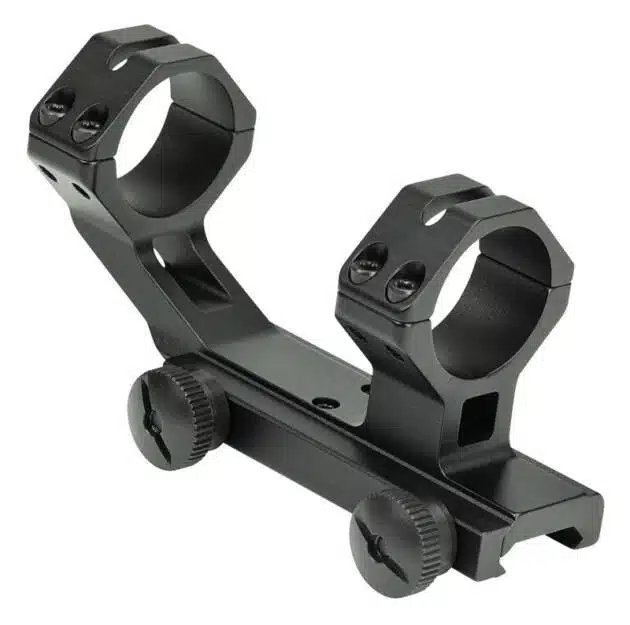 Lightweight black rifle scope mount with adjustable rings for stability and precise aiming.