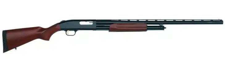 Sleek matte black shotgun with ergonomic wood stock, ideal for hunting and sport shooting.