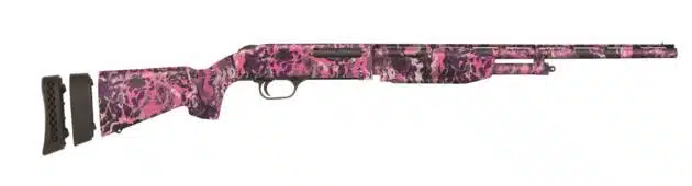 Stylish pink camouflage shotgun with detachable ammo holders for a personalized shooting experience.