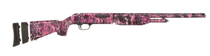 Stylish pink camouflage shotgun with detachable ammo holders for a personalized shooting experience.