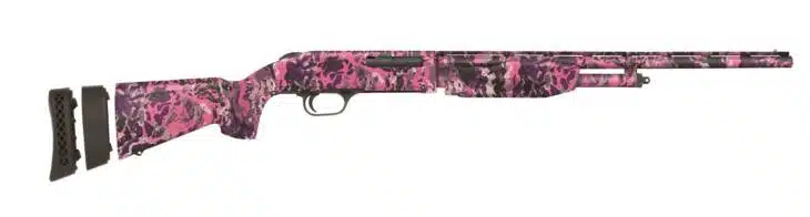 Stylish pink camouflage shotgun with detachable ammo holders for a personalized shooting experience.