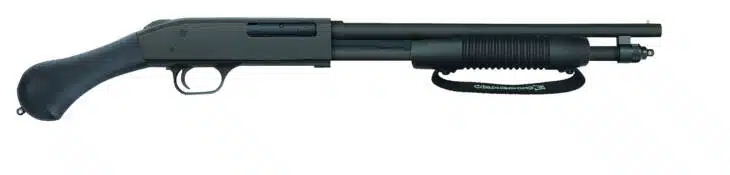 Compact matte black pump-action shotgun, perfect for home defense and sporting activities.