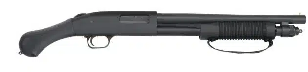 Matte tactical shotgun with pistol grip, designed for efficiency in close-quarters engagements.