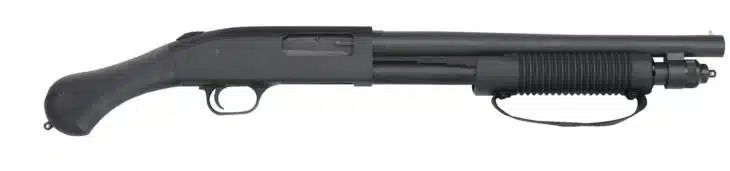 Matte tactical shotgun with pistol grip, designed for efficiency in close-quarters engagements.