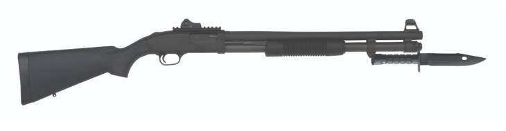 Tactical matte black shotgun with bayonet and pump action for military, law enforcement, and outdoor use.