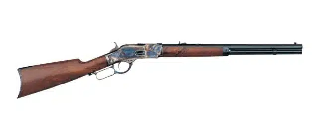 Elegant lever-action rifle with a polished barrel and stunning wood stock, perfect for collectors.