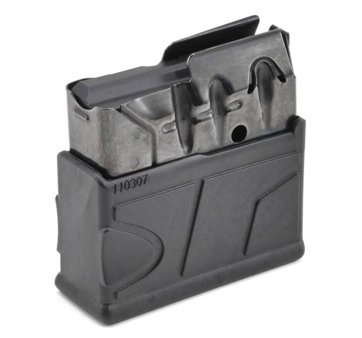 Durable semi-automatic magazine with ergonomic grip and witness hole for easy round visibility.