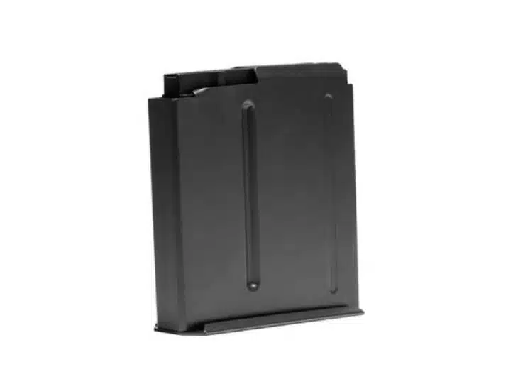 Durable black firearm magazine with ergonomic design for reliable ammo feeding and handling.