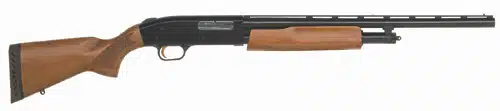 Matte black shotgun with polished wood stock, perfect for hunting and sport shooting enthusiasts.