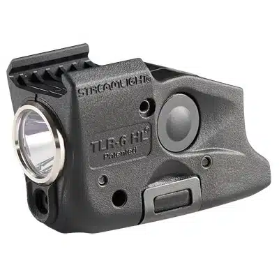 Compact Streamlight TLR-6 tactical light with integrated laser for low-light performance and firearm mounting.