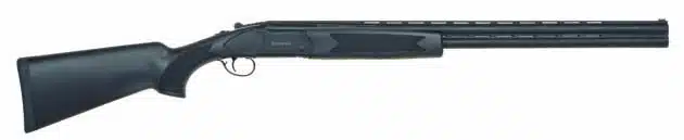 Sleek matte black 12 gauge shotgun with durable synthetic stock and 28-inch barrel for precision shooting.