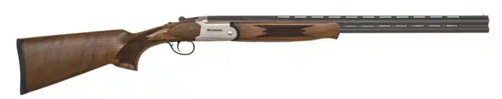 Elegant double-barreled shotgun with walnut stock and matte black barrels for sport shooting and hunting.