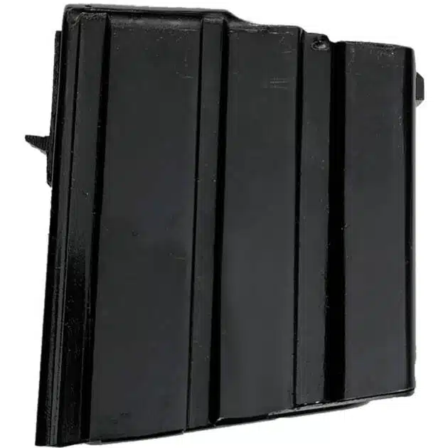 Durable black rifle magazine with grooves for better grip and reliable performance in various firearms.