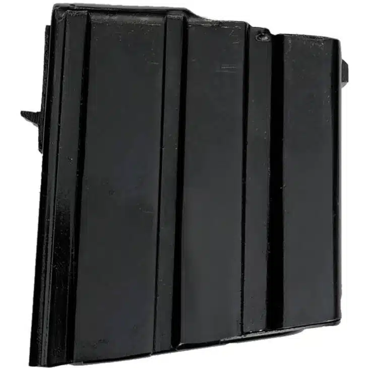 Durable black rifle magazine with grooves for better grip and reliable performance in various firearms.
