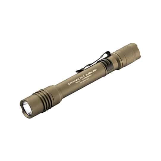 Portable olive green flashlight with clip, ridged grip, and powerful beam for outdoor emergencies.