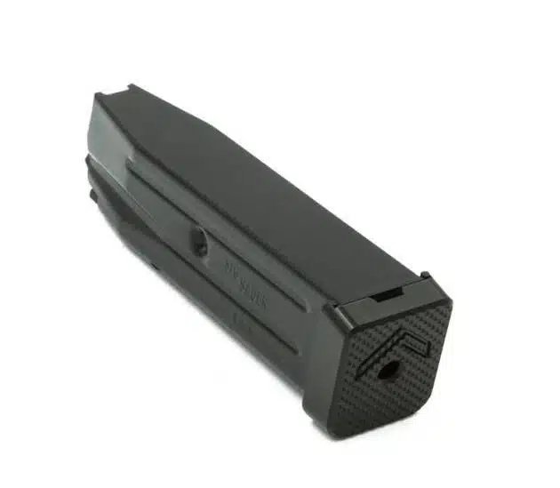 Sleek black high-capacity firearm magazine with textured base for improved grip and reliable performance.