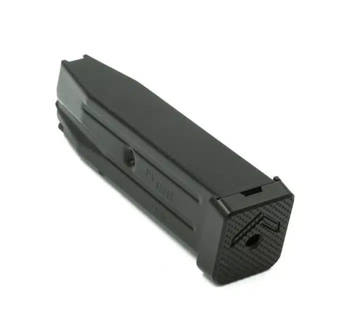Sleek black high-capacity firearm magazine with textured base for improved grip and reliable performance.